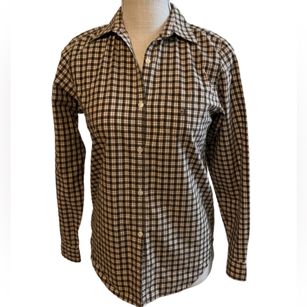 Lauren Ralph Lauren Petite Brown Plaid Button Down Long Sleeve Shirt - Sz P/P